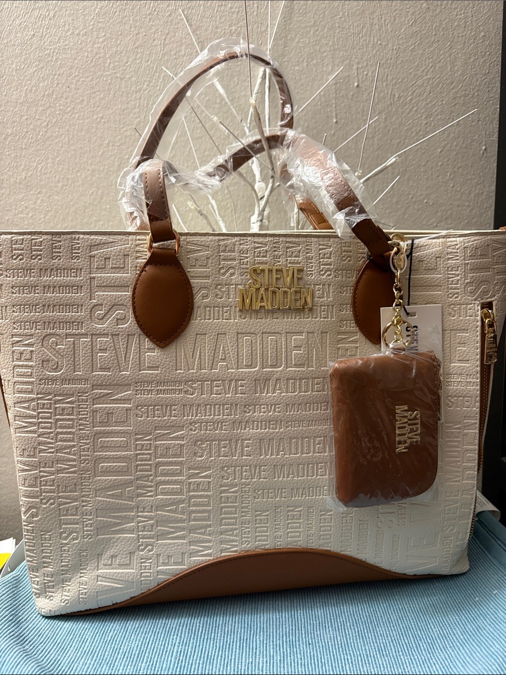 Steve Madden Cream Tote with Brown Trim and Logo Pouch
